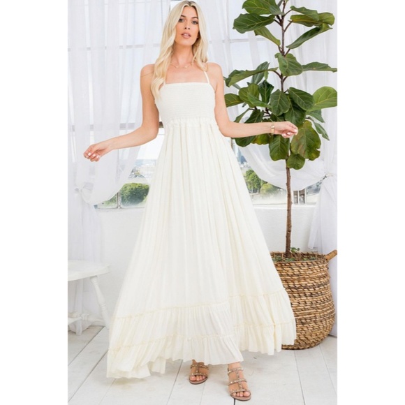 Dresses & Skirts - SOLD OUT Bohemian Cream Smocked Halter Open Back Tiered Ruffle Skirt Maxi Dress